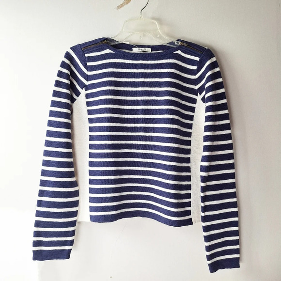 Madewell Small Striped Cropped Boatneck Shoulder Zipper Cotton Wool Sweater - Picture 3 of 14